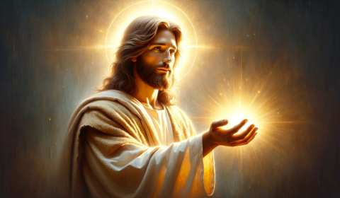Picture of Jesus with bright halo of light, stretching His hand with a ball of light as in blessing