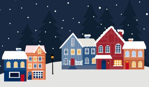 A row of houses with a starry night sky